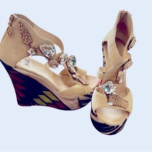 Italian brand Fabi Boutique rainbow wedge in tan, crystals and gold details